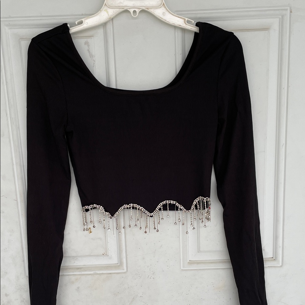 SHEIN Black Crop Top with Beaded Hem